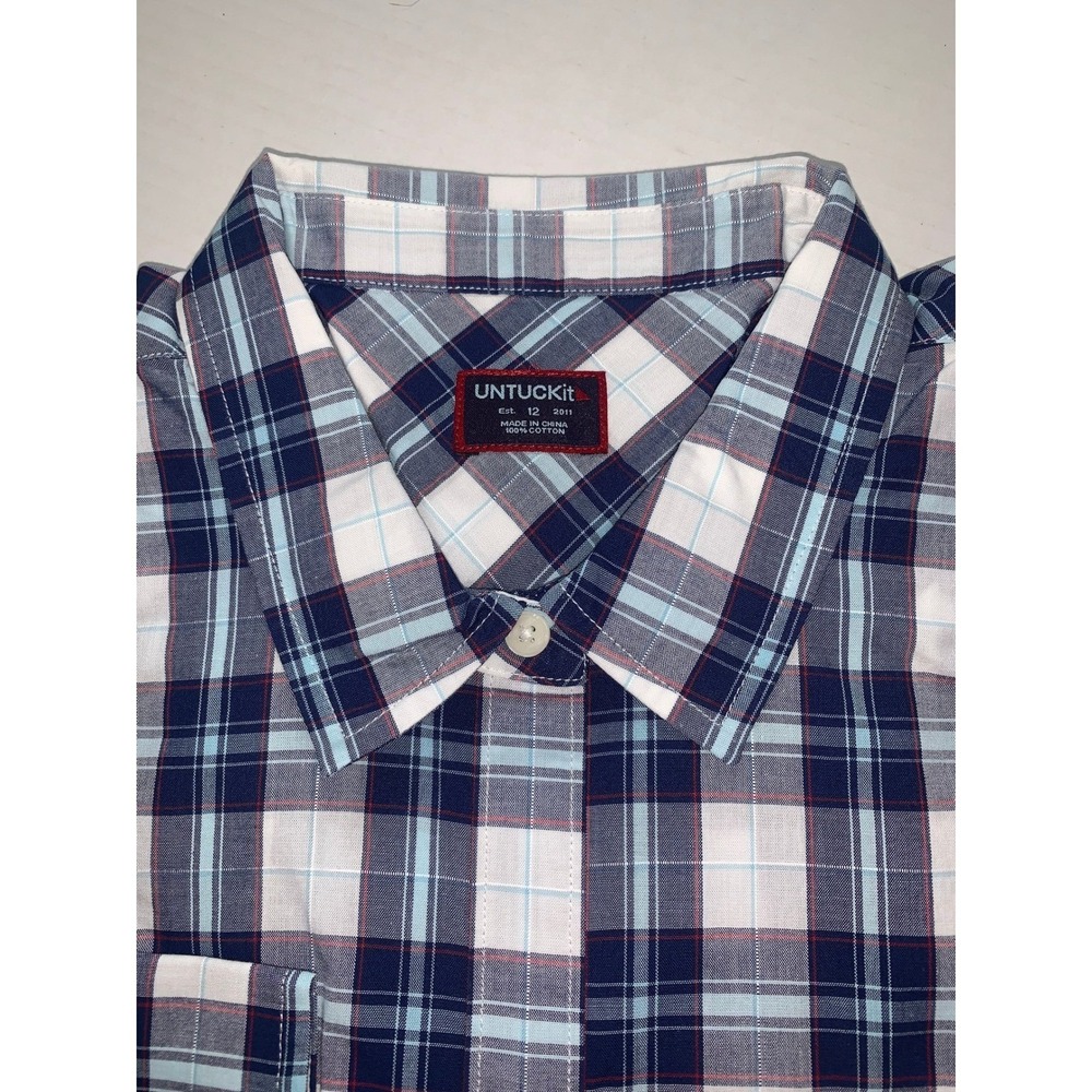 UNTUCKit Sorbo Womens Plaid Button Down Shirt Size 12 Regular Navy Blue White - Picture 4 of 11